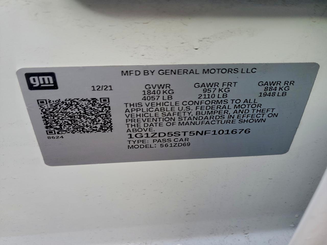 2022 Chevrolet Malibu Lt VIN: 1G1ZD5ST5NF101676 Lot: 94502495