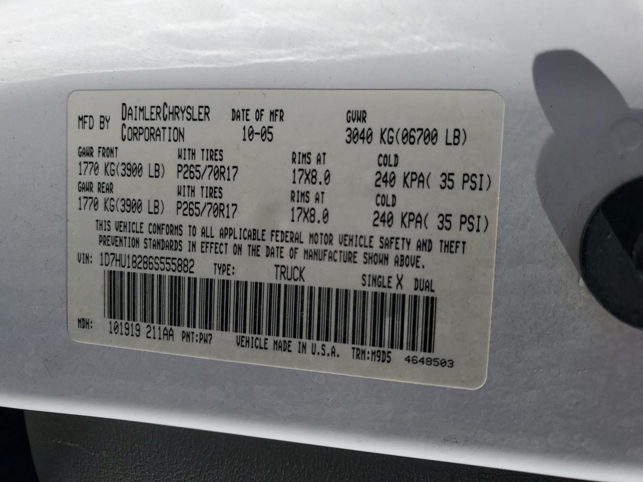 2006 Dodge Ram 1500 St VIN: 1D7HU18286S555882 Lot: 85408805