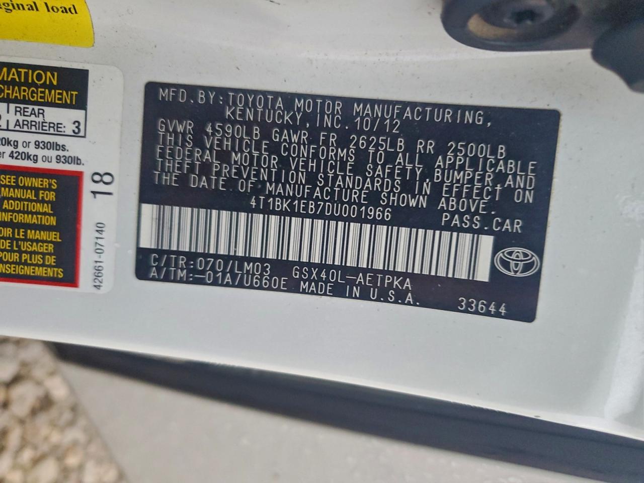 2013 Toyota Avalon Base VIN: 4T1BK1EB7DU001966 Lot: 94168965