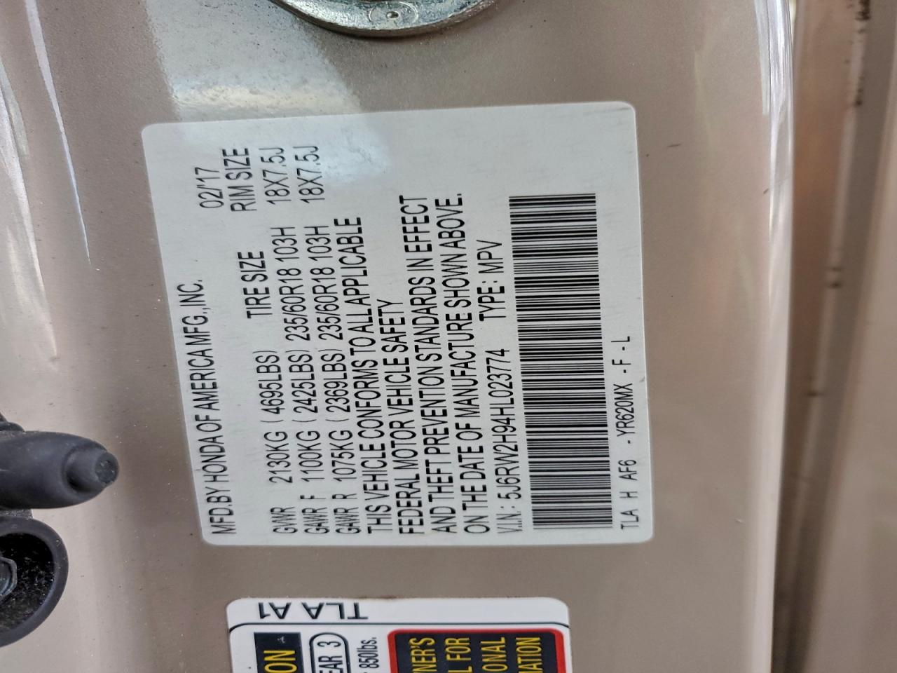 2017 Honda Cr-V Touring VIN: 5J6RW2H94HL023774 Lot: 94249395