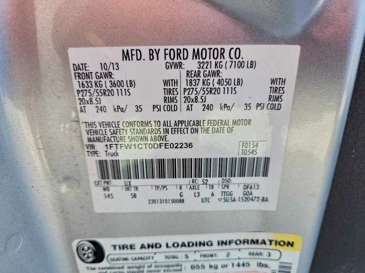 2013 Ford F150 Supercrew VIN: 1FTFW1CT0DFE02236 Lot: 93267885