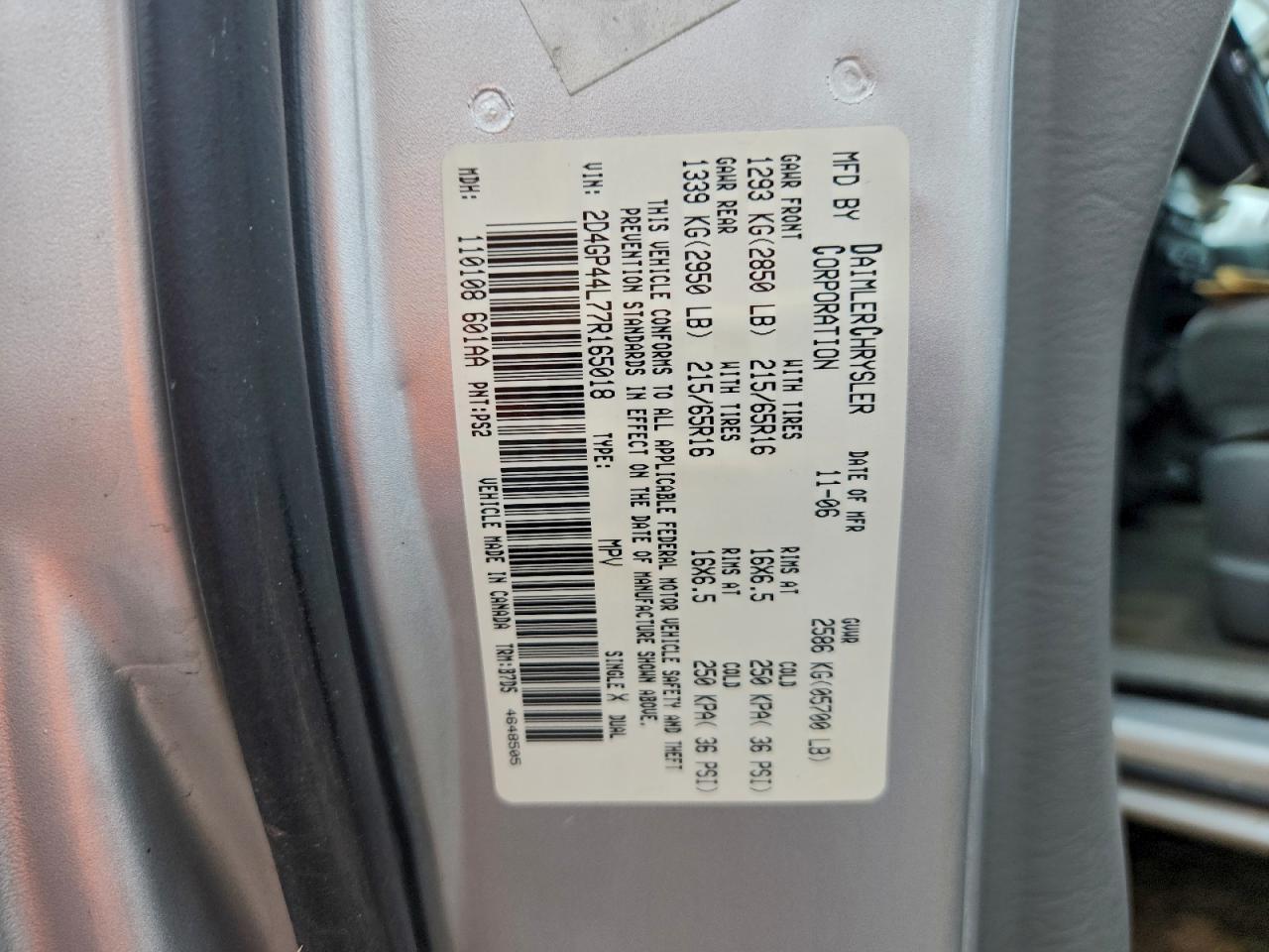 2007 Dodge Grand Caravan Sxt VIN: 2D4GP44L77R165018 Lot: 93984335