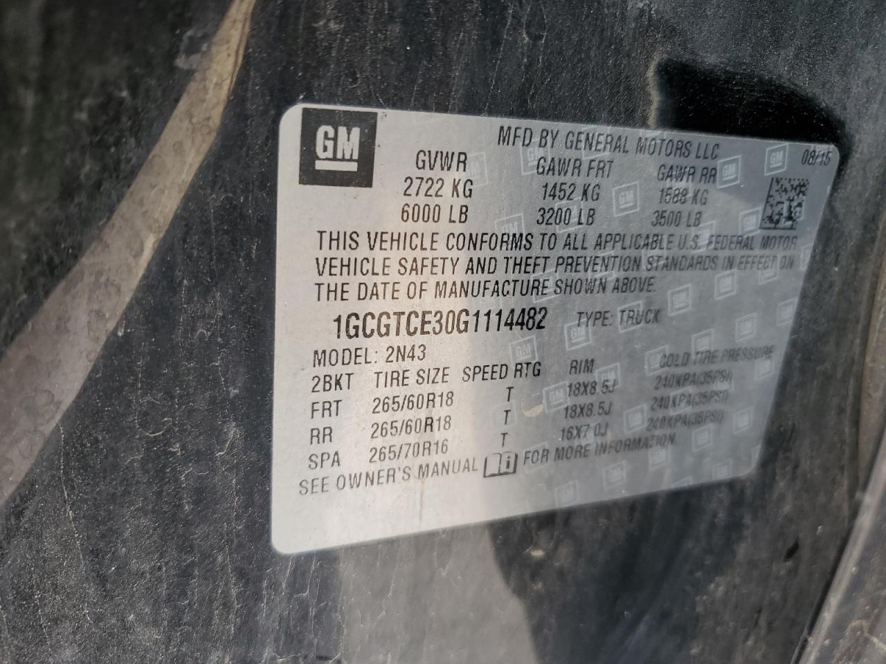 2016 Chevrolet Colorado Lt VIN: 1GCGTCE30G1114482 Lot: 92324235