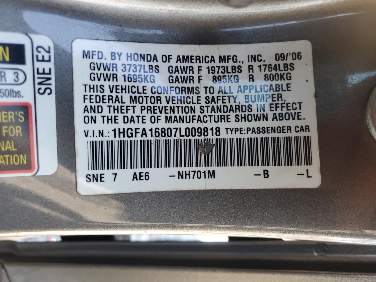 2007 Honda Civic Ex VIN: 1HGFA16807L009818 Lot: 91899805