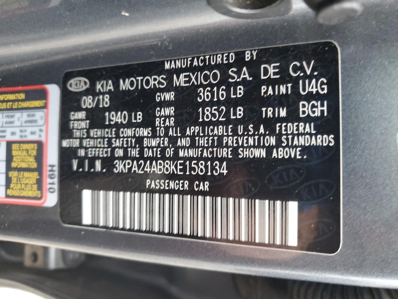 2019 Kia Rio S VIN: 3KPA24AB8KE158134 Lot: 92664905