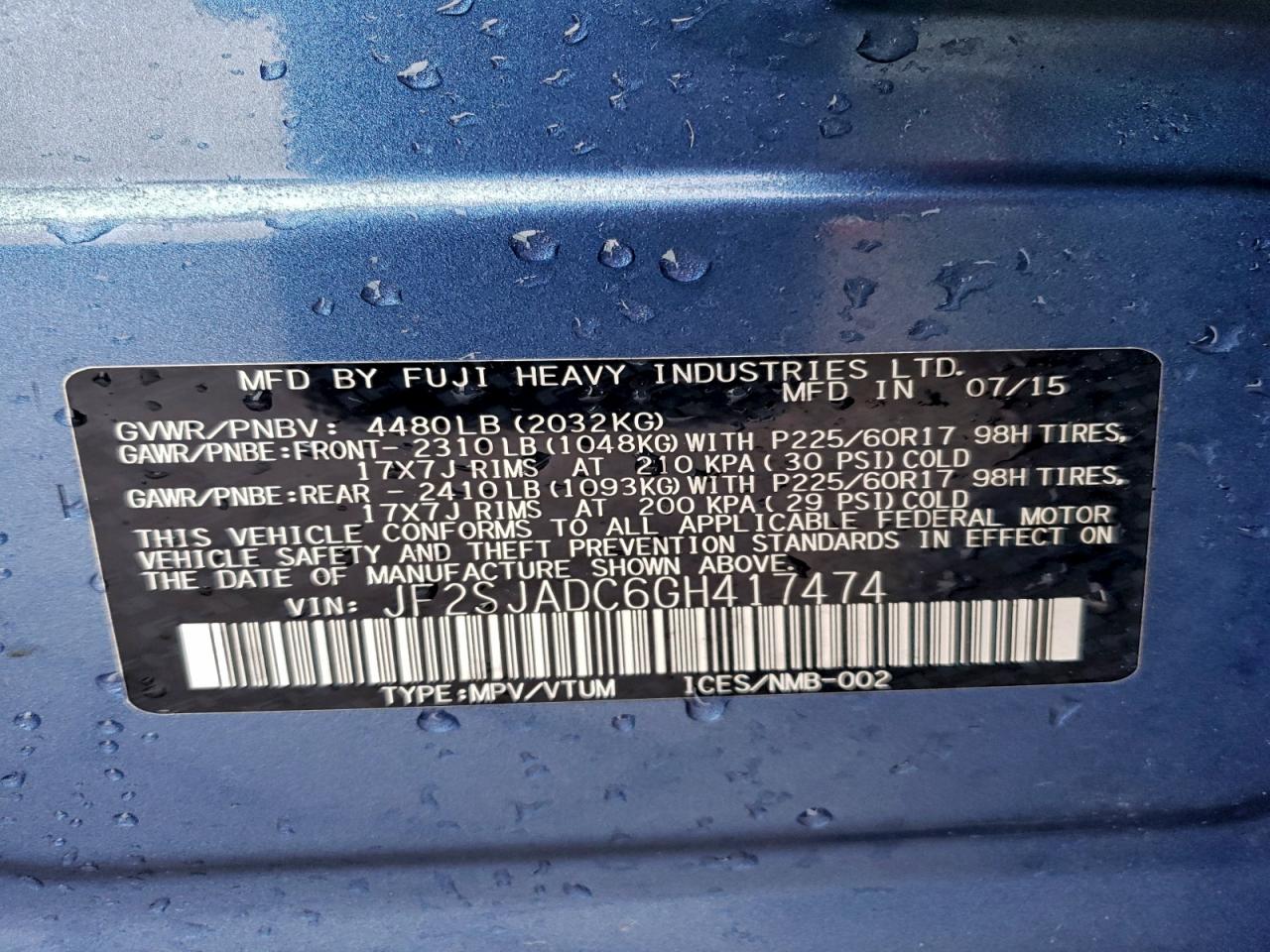 2016 Subaru Forester 2.5I Premium VIN: JF2SJADC6GH417474 Lot: 93866035