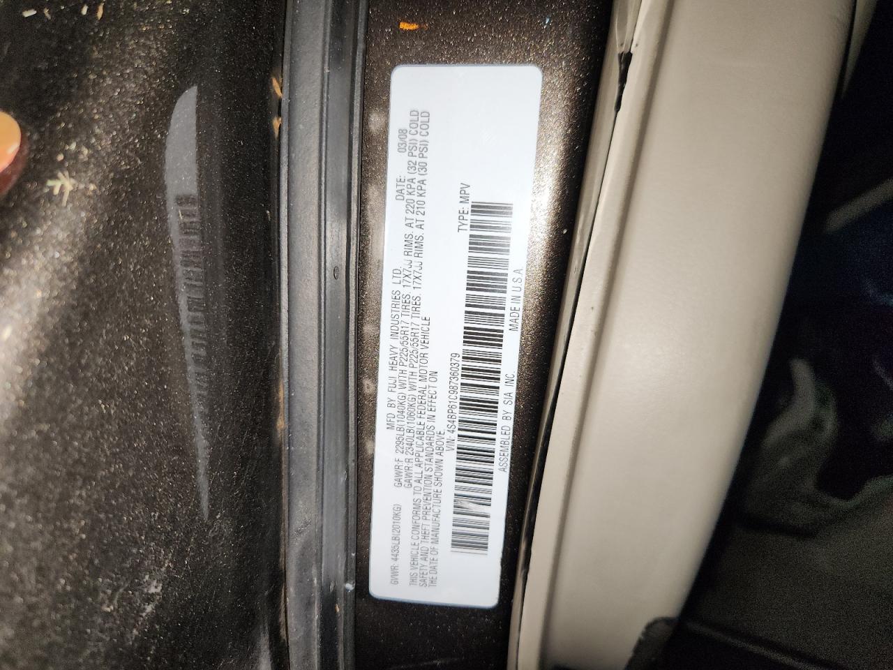 2008 Subaru Outback 2.5I VIN: 4S4BP61C987360379 Lot: 93535295