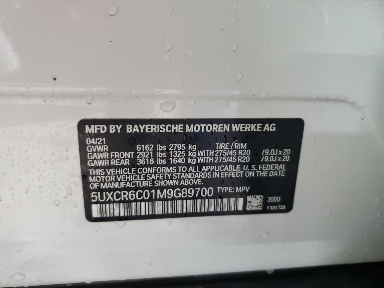 2021 BMW X5 xDrive40I VIN: 5UXCR6C01M9G89700 Lot: 92836925