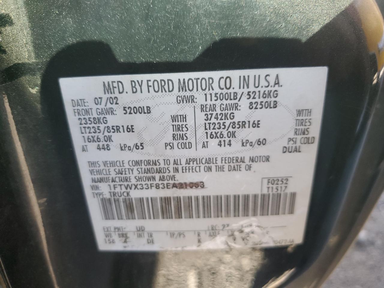 2002 Ford F350 Srw Super Duty VIN: 1FTSX31F42EB49168 Lot: 91246685