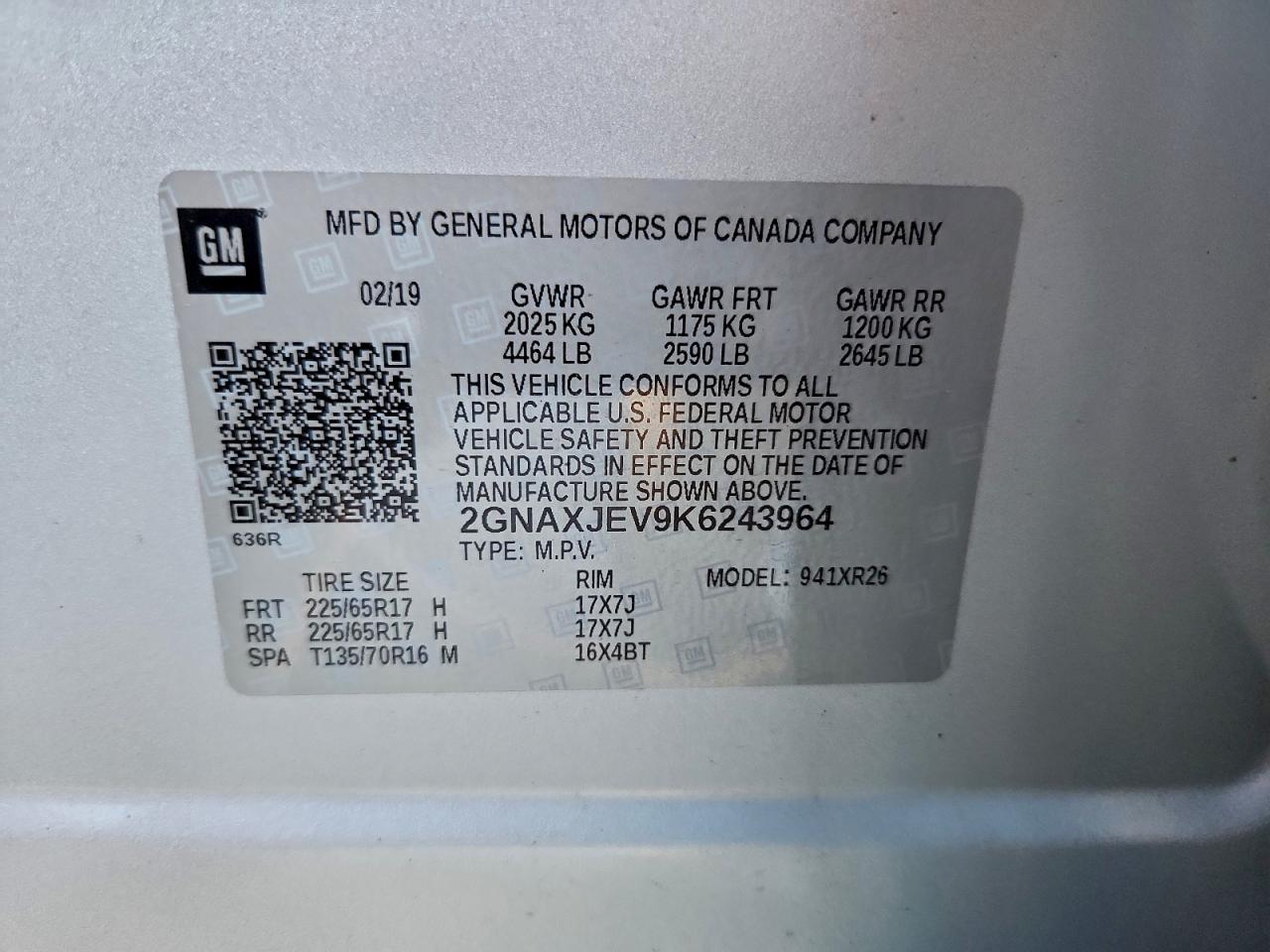 2019 Chevrolet Equinox Lt VIN: 2GNAXJEV9K6243964 Lot: 94163475