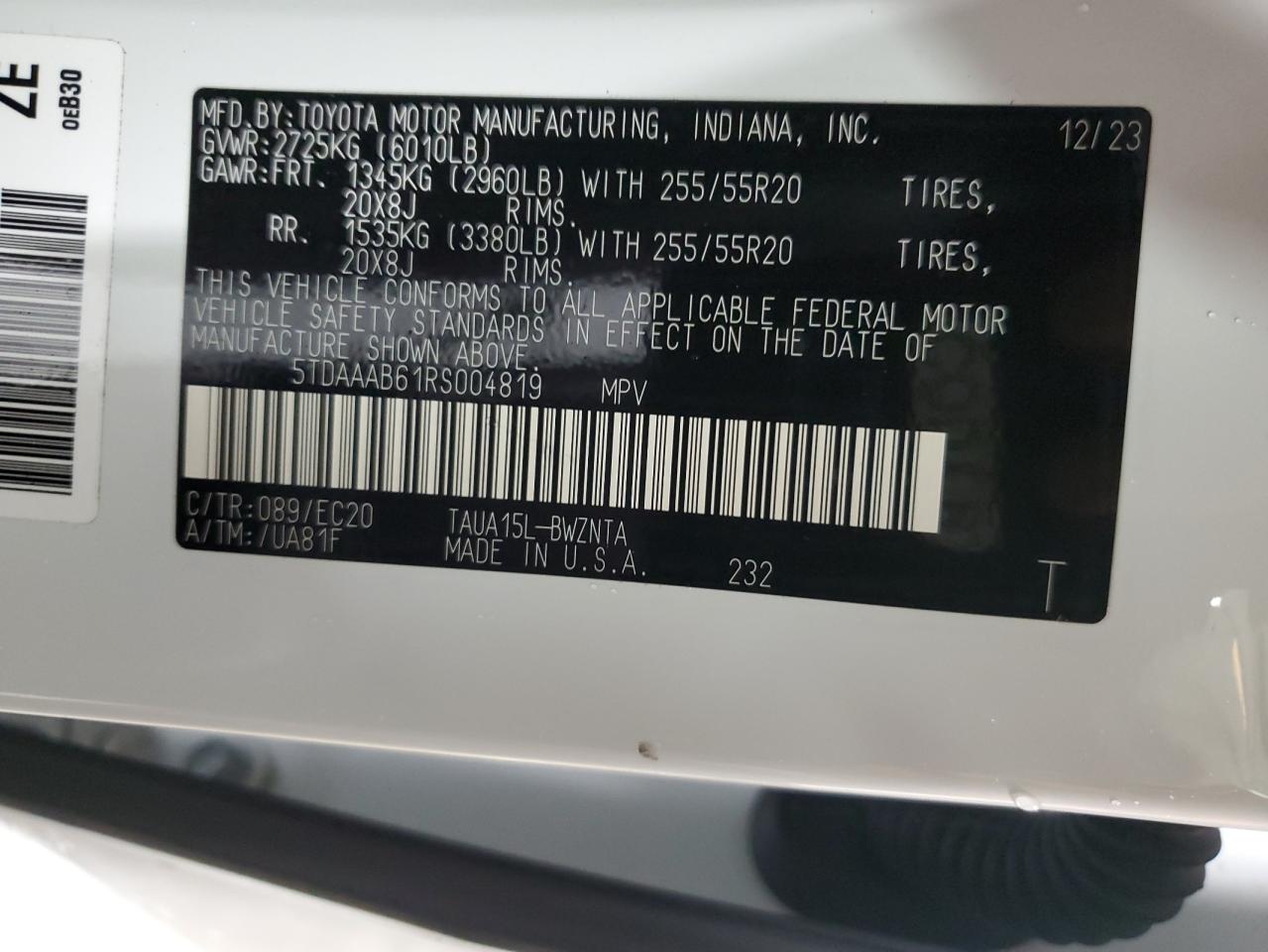 2024 Lexus Tx 350 Base VIN: 5TDAAAB61RS004819 Lot: 92482735