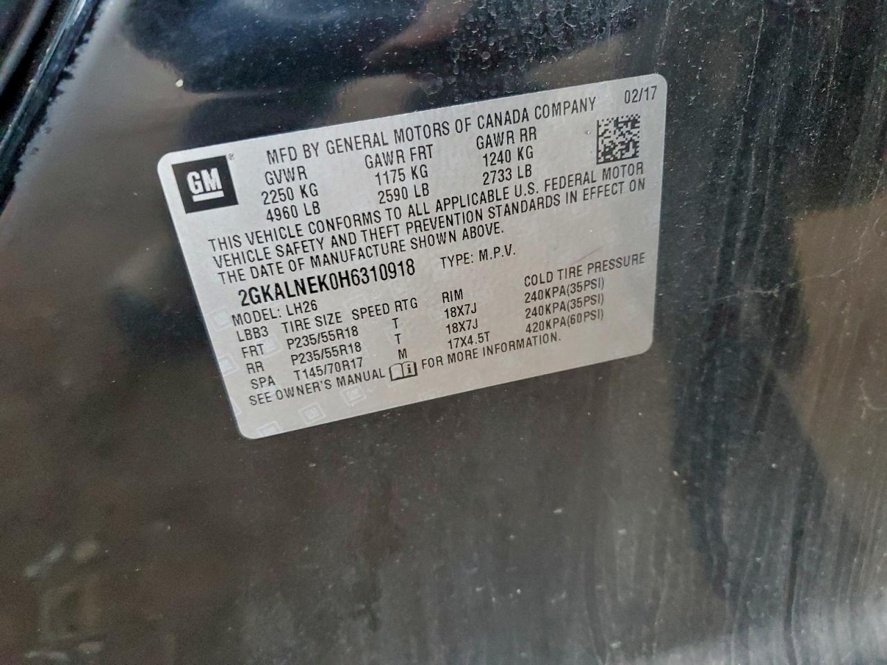 2017 GMC Terrain Sle VIN: 2GKALNEK0H6310918 Lot: 94217235