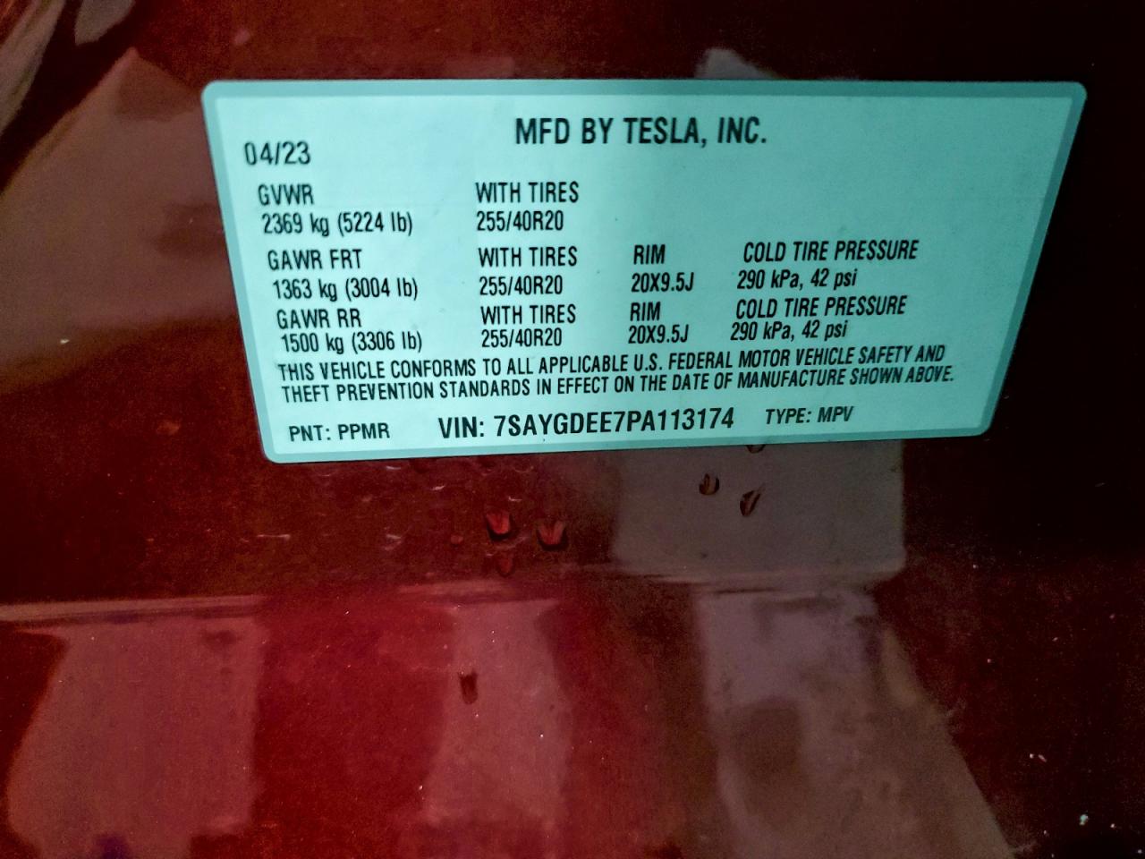 2023 Tesla Model Y VIN: 7SAYGDEE7PA113174 Lot: 94640295