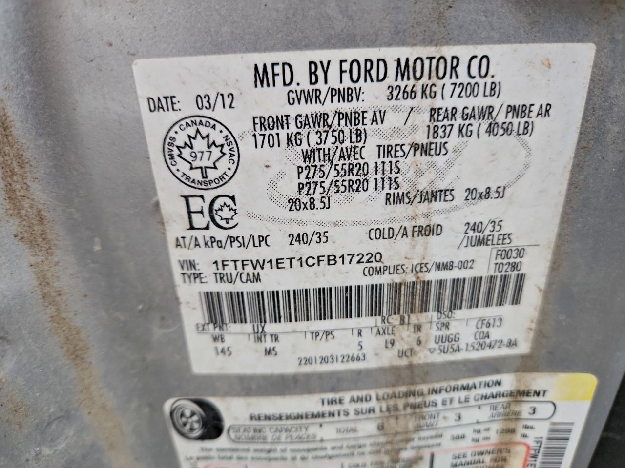 2012 Ford F150 Supercrew VIN: 1FTFW1ET1CFB17220 Lot: 94086345