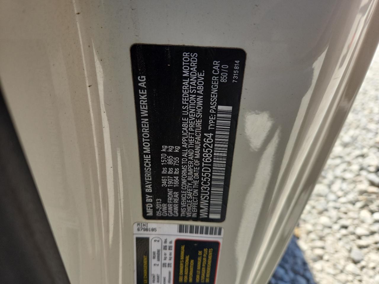 2013 Mini Cooper VIN: WMWSU3C55DT685264 Lot: 93013555