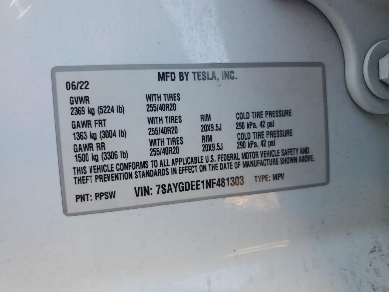 2022 Tesla Model Y VIN: 7SAYGDEE1NF481303 Lot: 91895945