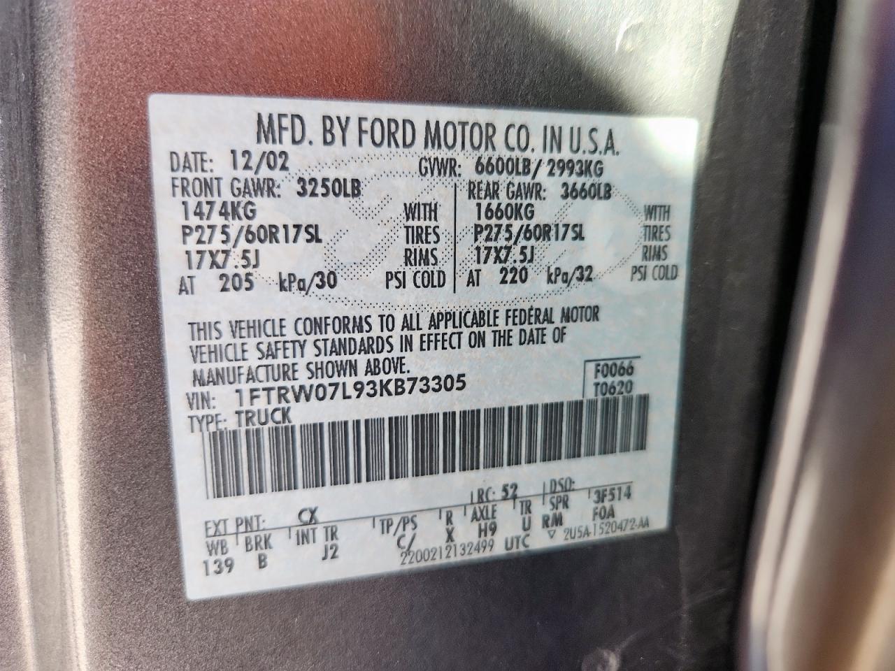 2003 Ford F150 Supercrew VIN: 1FTRW07L93KB73305 Lot: 91218555