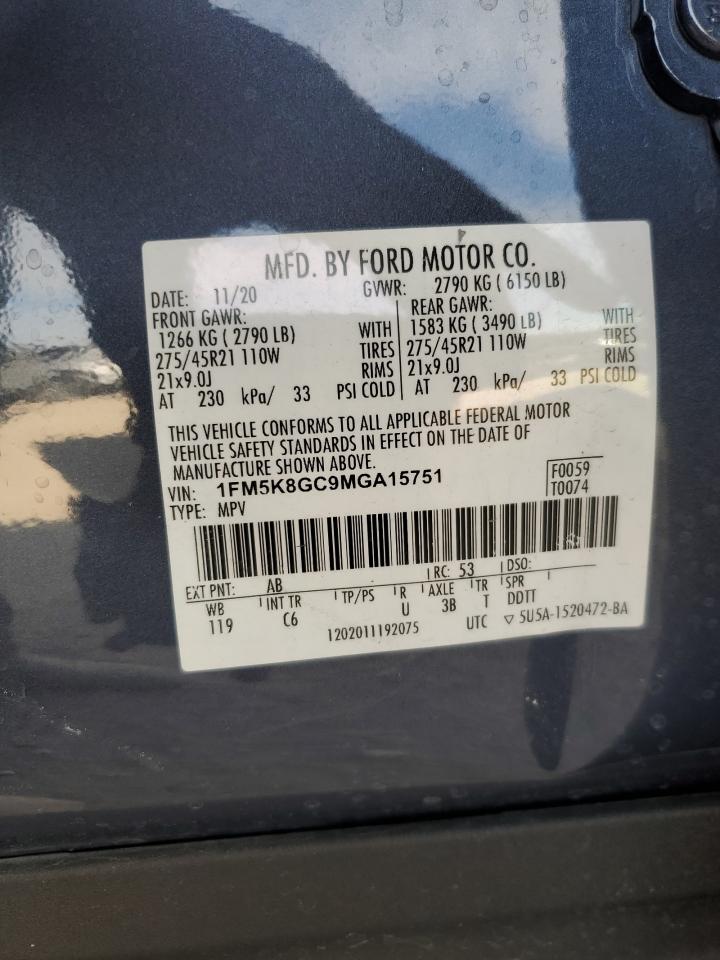 2021 Ford Explorer St VIN: 1FM5K8GC9MGA15751 Lot: 92459265