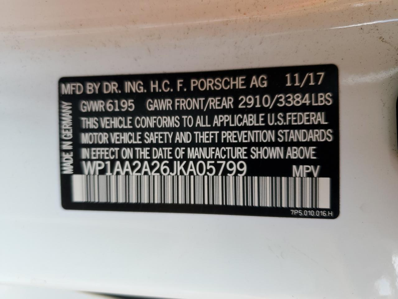 2018 Porsche Cayenne VIN: WP1AA2A26JKA05799 Lot: 92729965