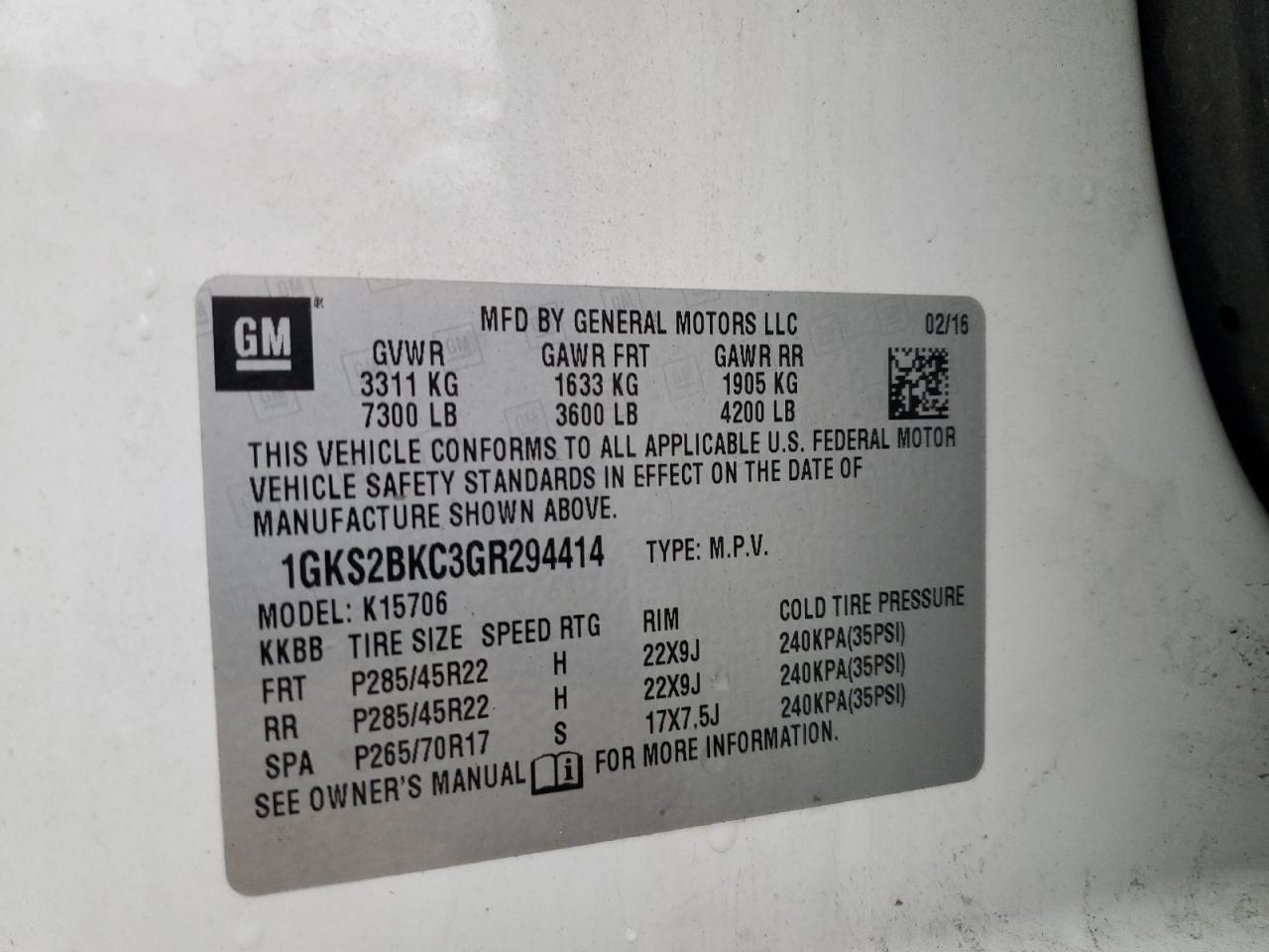 2016 GMC Yukon Slt VIN: 1GKS2BKC3GR294414 Lot: 93023545