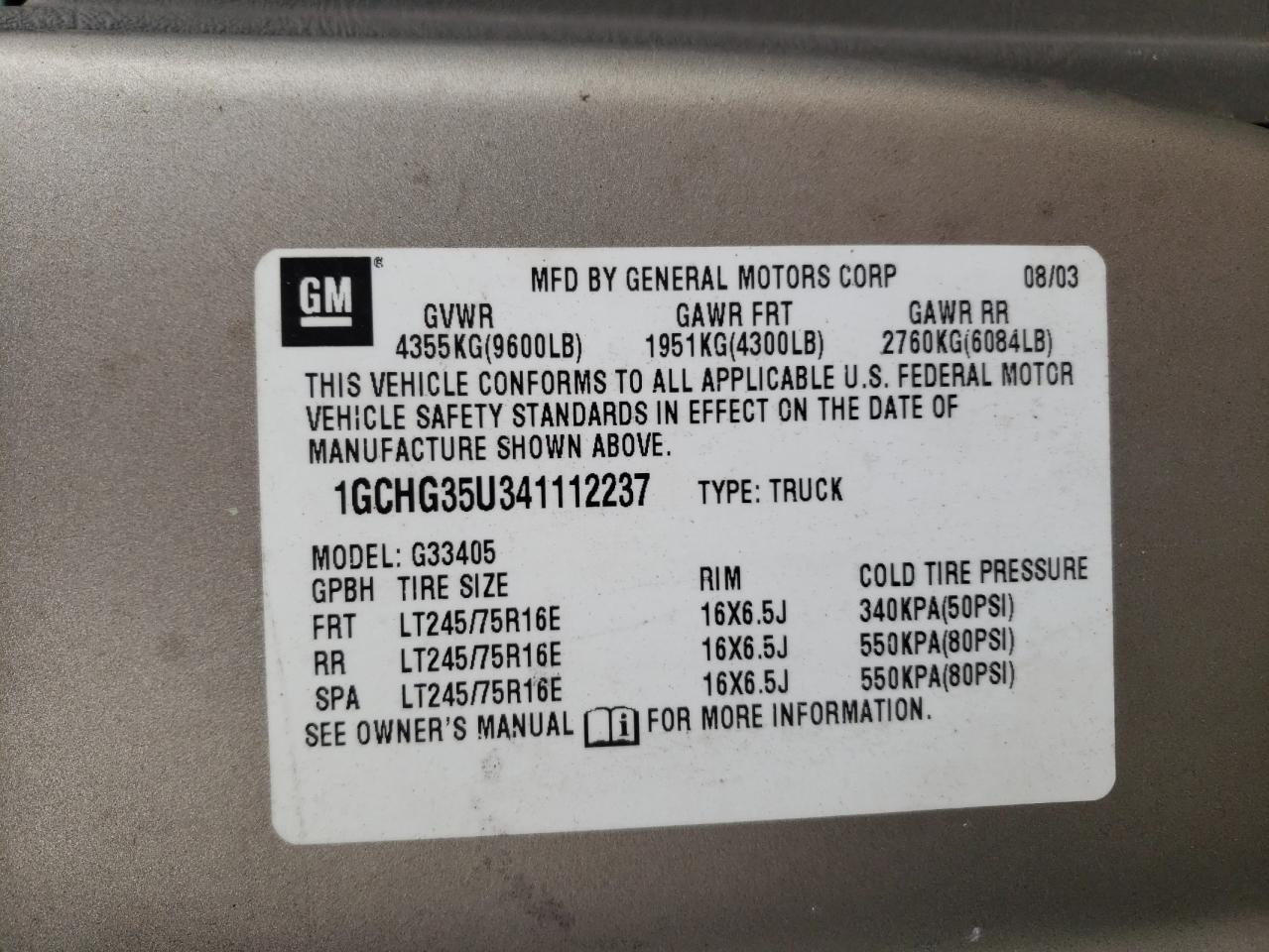 2004 Chevrolet Express G3500 VIN: 1GCHG35U341112237 Lot: 91806005