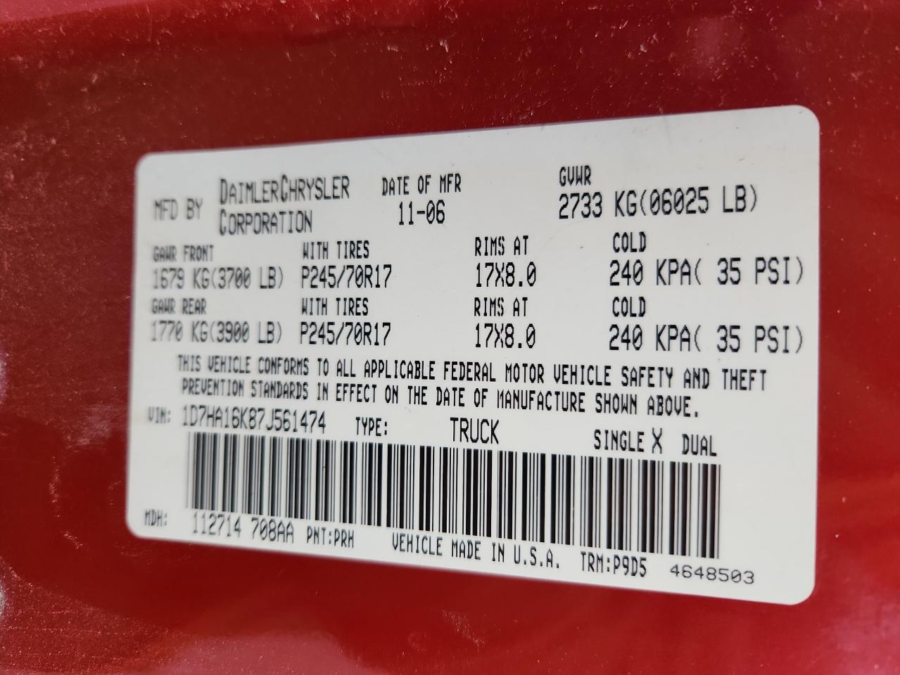 2007 Dodge Ram 1500 St VIN: 1D7HA16K87J561474 Lot: 93738405