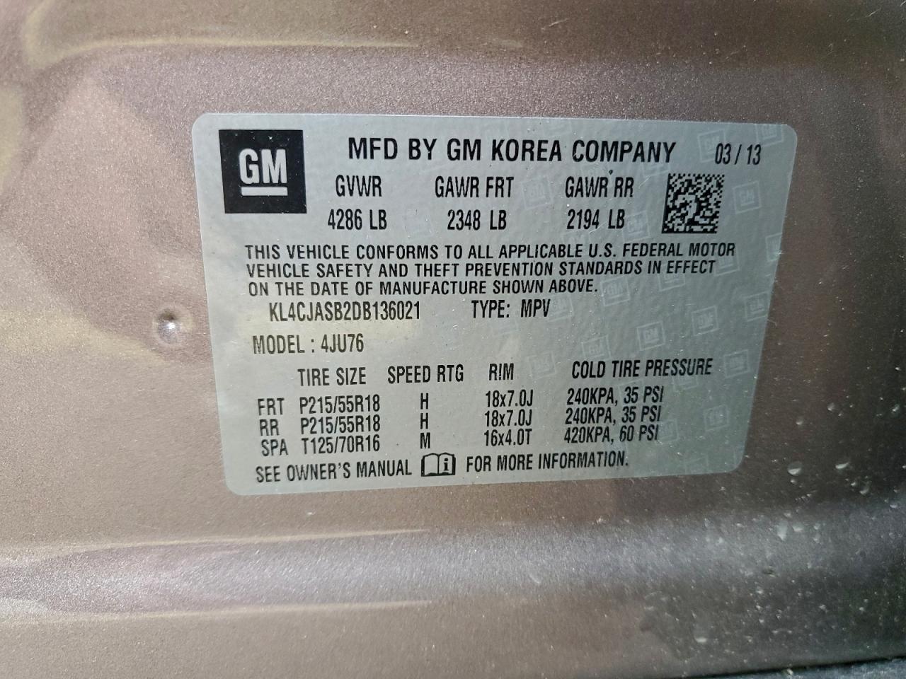 2013 Buick Encore VIN: KL4CJASB2DB136021 Lot: 94043775