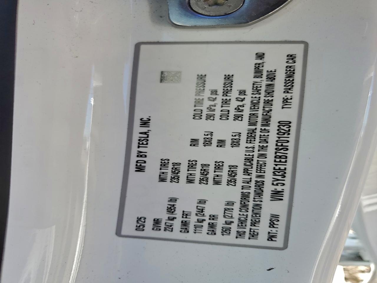 2025 Tesla Model 3 VIN: 5YJ3E1EB7SF019230 Lot: 94795385