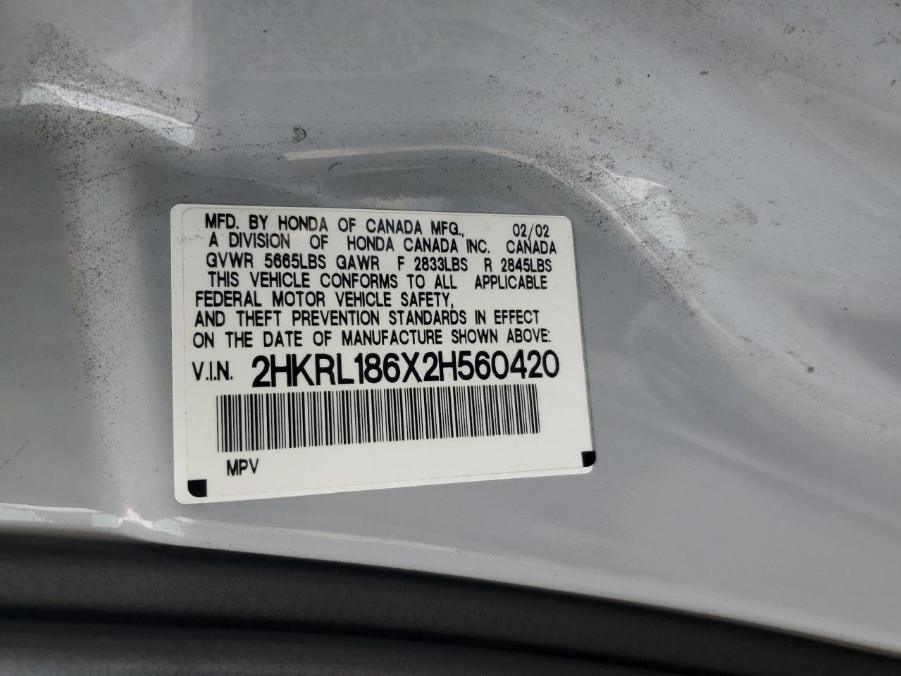 2002 Honda Odyssey Ex VIN: 2HKRL186X2H560420 Lot: 92046615