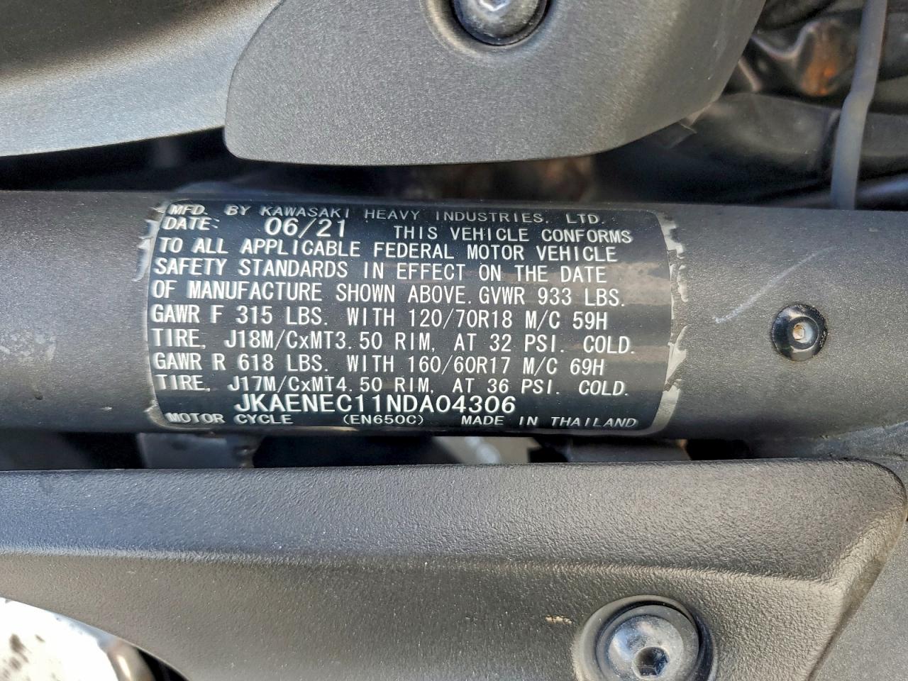 2022 Kawasaki En650 C VIN: JKAENEC11NDA04306 Lot: 93742305