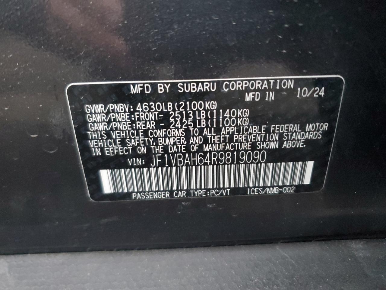 2024 Subaru Wrx Premium VIN: JF1VBAH64R9819090 Lot: 93123955