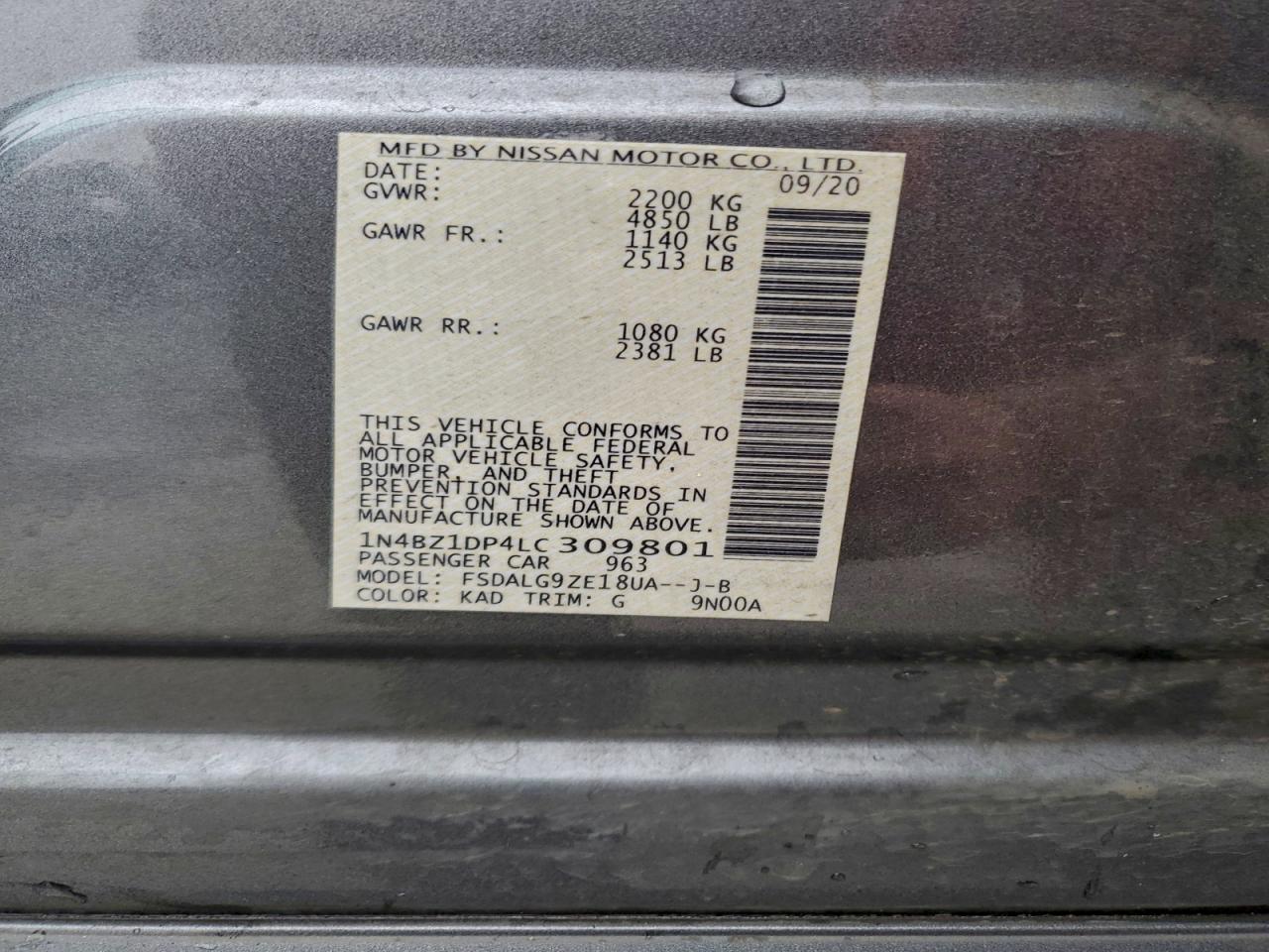 2020 Nissan Leaf Sl Plus VIN: 1N4BZ1DP4LC309801 Lot: 94551155