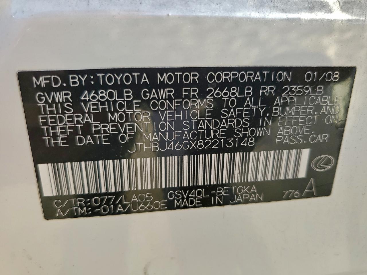 2008 Lexus Es 350 VIN: JTHBJ46GX82213148 Lot: 94251235