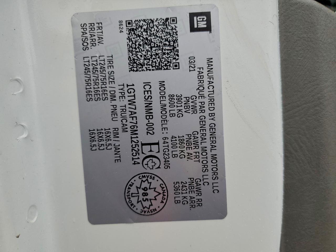 2021 GMC Savana G2500 VIN: 1GTW7AF76M1252514 Lot: 94391685