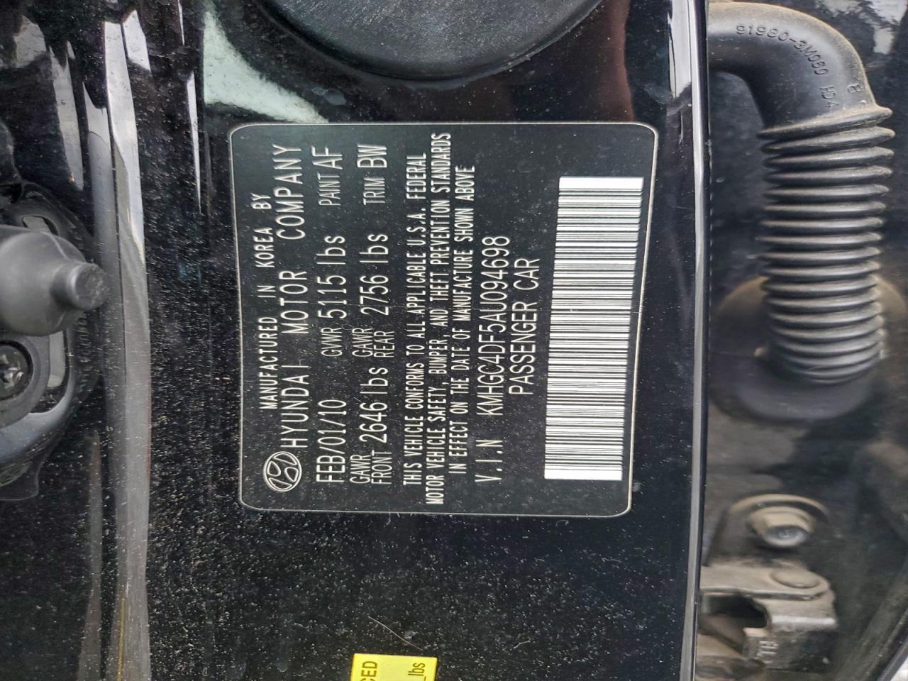 2010 Hyundai Genesis 4.6L VIN: KMHGC4DF5AU094698 Lot: 94620105