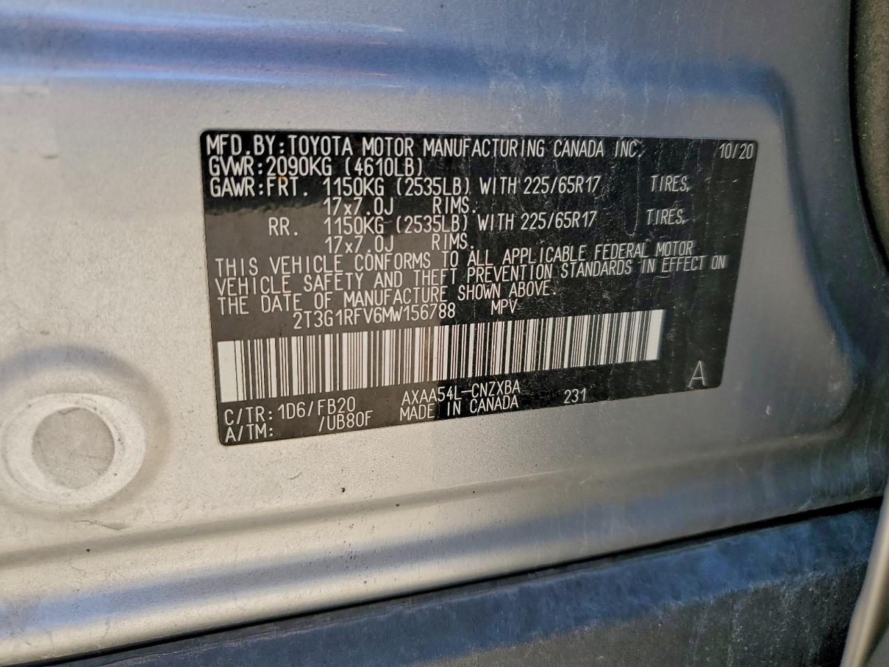 2021 Toyota Rav4 Le VIN: 2T3G1RFV6MW156788 Lot: 94269155