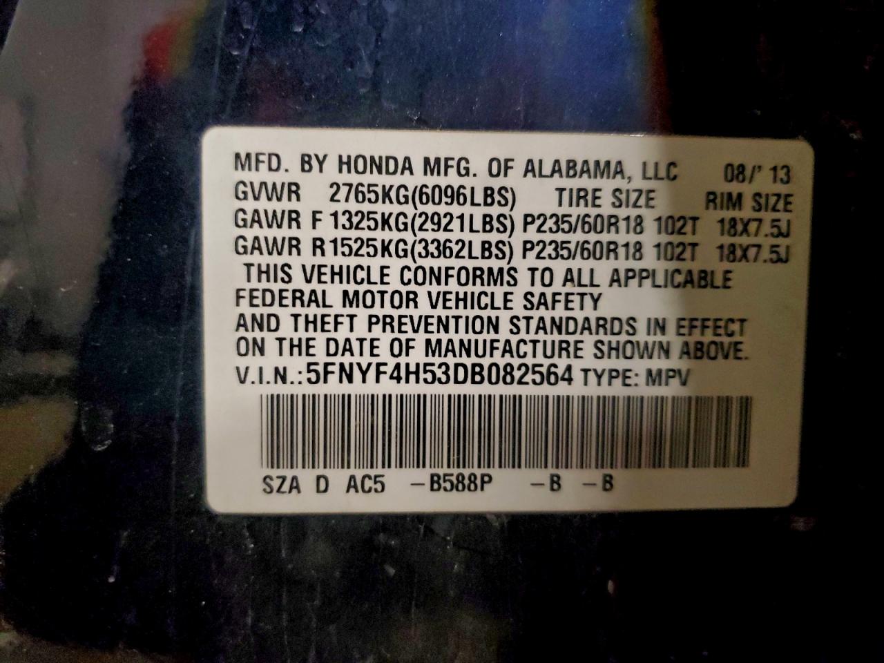 2013 Honda Pilot Exl VIN: 5FNYF4H53DB082564 Lot: 93512245