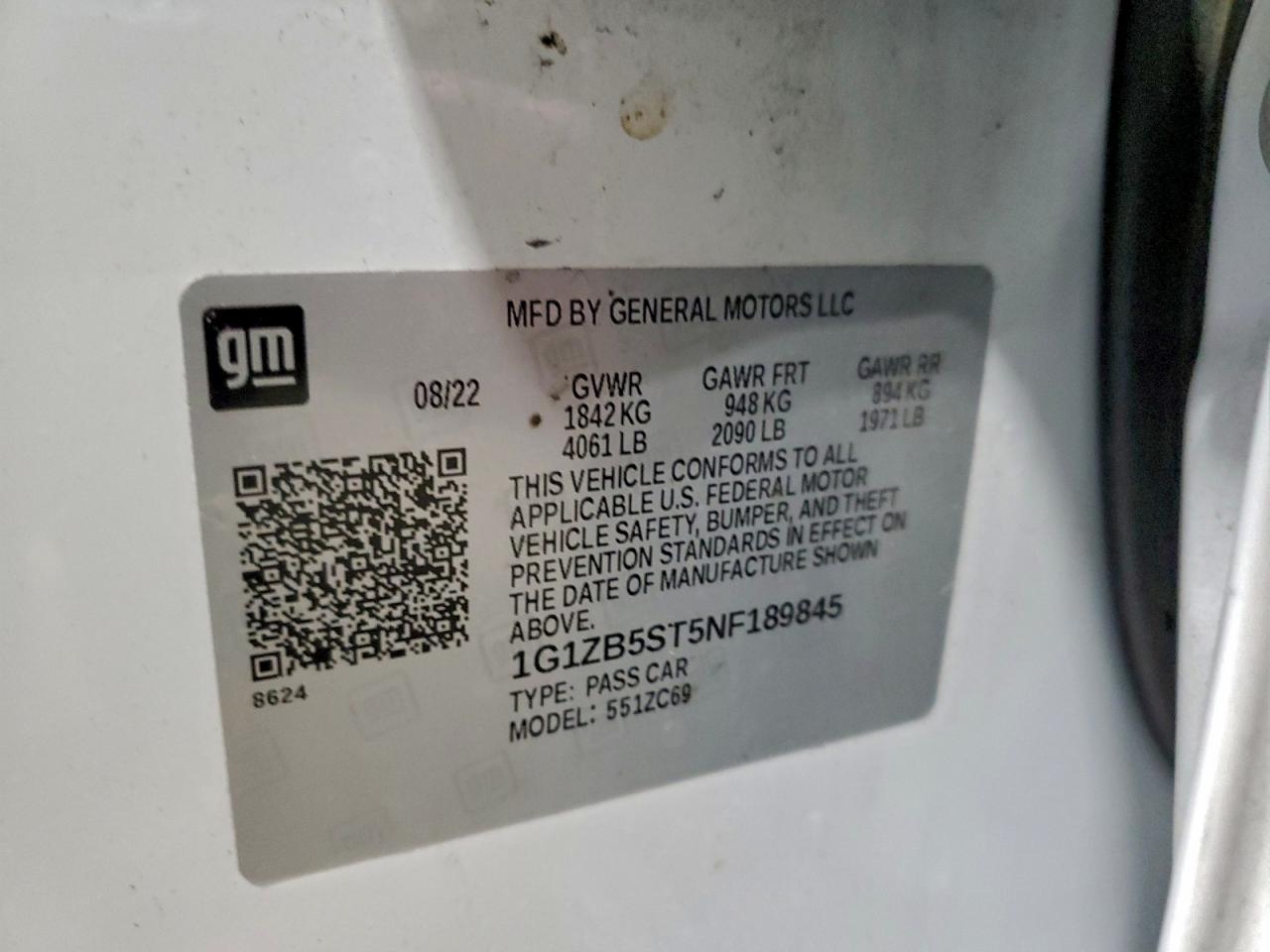 2022 Chevrolet Malibu Ls VIN: 1G1ZB5ST5NF189845 Lot: 93951915