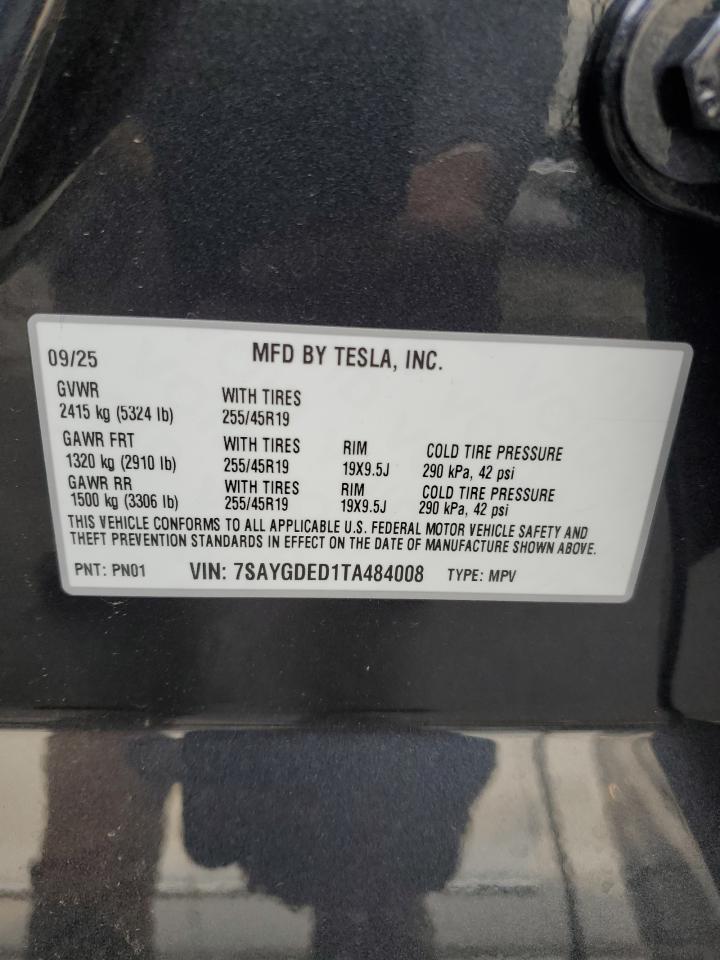 2026 Tesla Model Y VIN: 7SAYGDED1TA484008 Lot: 91659095