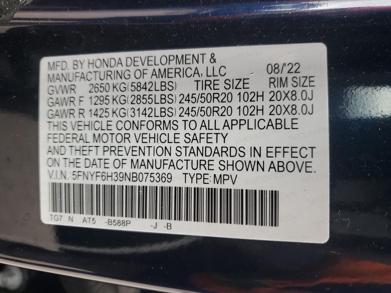 2022 Honda Pilot Sport VIN: 5FNYF6H39NB075369 Lot: 91470125
