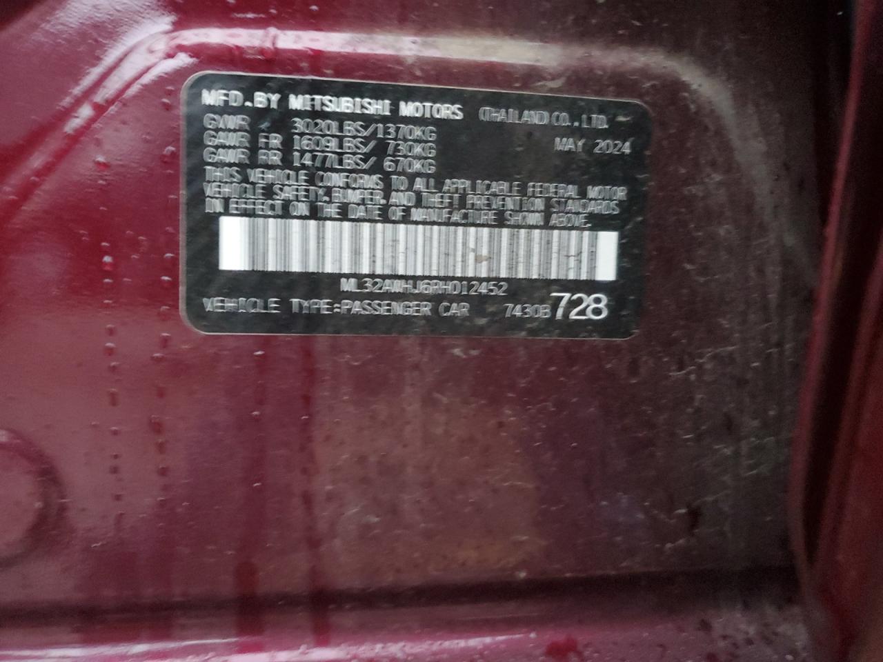 2024 Mitsubishi Mirage Se VIN: ML32AWHJ6RH012452 Lot: 91918495