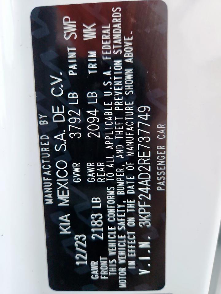 2024 Kia Forte Lx VIN: 3KPF24AD2RE737749 Lot: 93106415