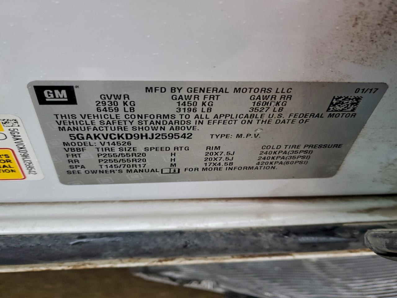 2017 Buick Enclave VIN: 5GAKVCKD9HJ259542 Lot: 93897525