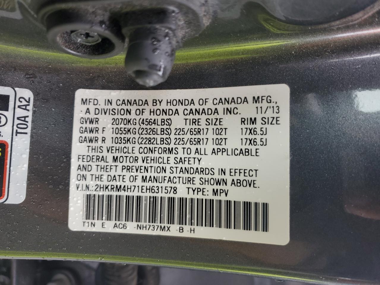 2014 Honda Cr-V Exl VIN: 2HKRM4H71EH631578 Lot: 92880825