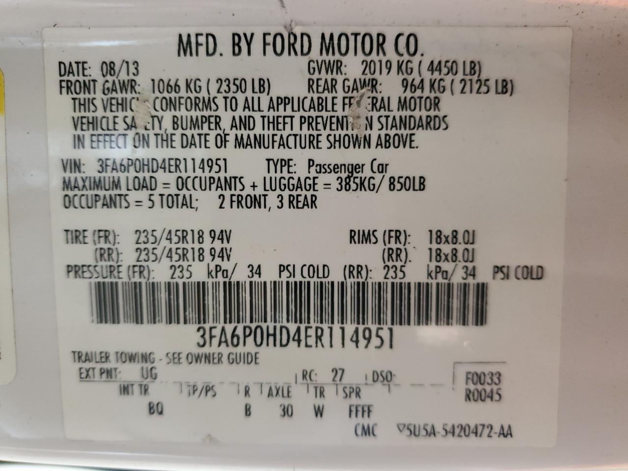 2014 Ford Fusion Se VIN: 3FA6P0HD4ER114951 Lot: 92399065