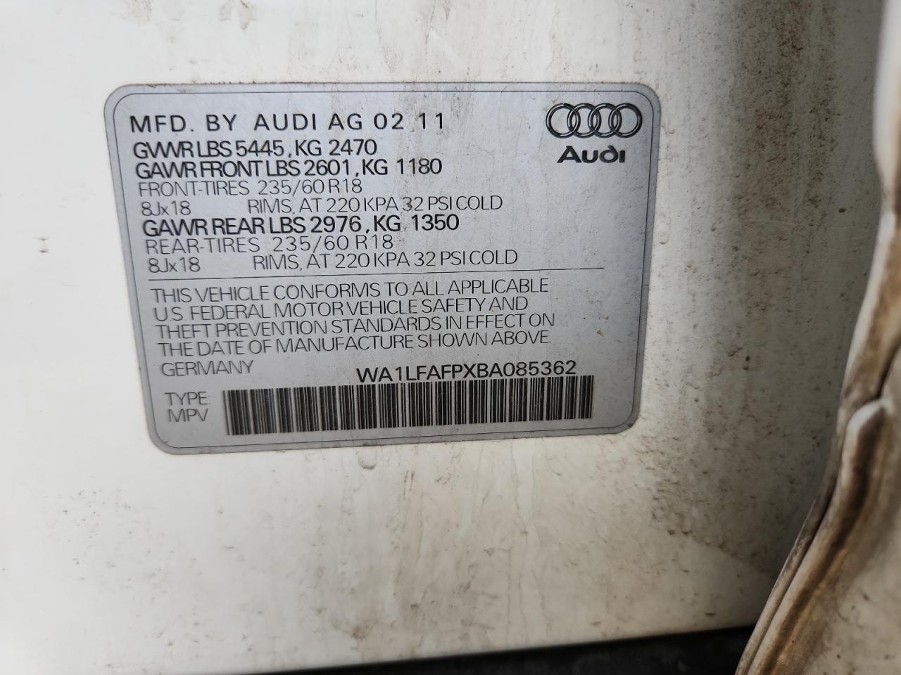 2011 Audi Q5 Premium Plus VIN: WA1LFAFPXBA085362 Lot: 93638615