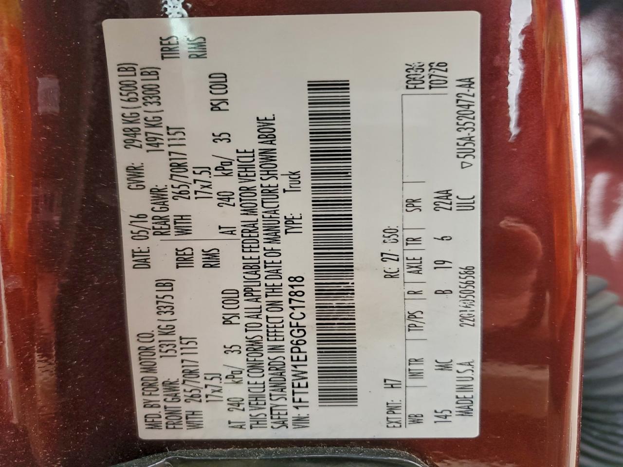 2016 Ford F150 Supercrew VIN: 1FTEW1EP6GFC17818 Lot: 94593645