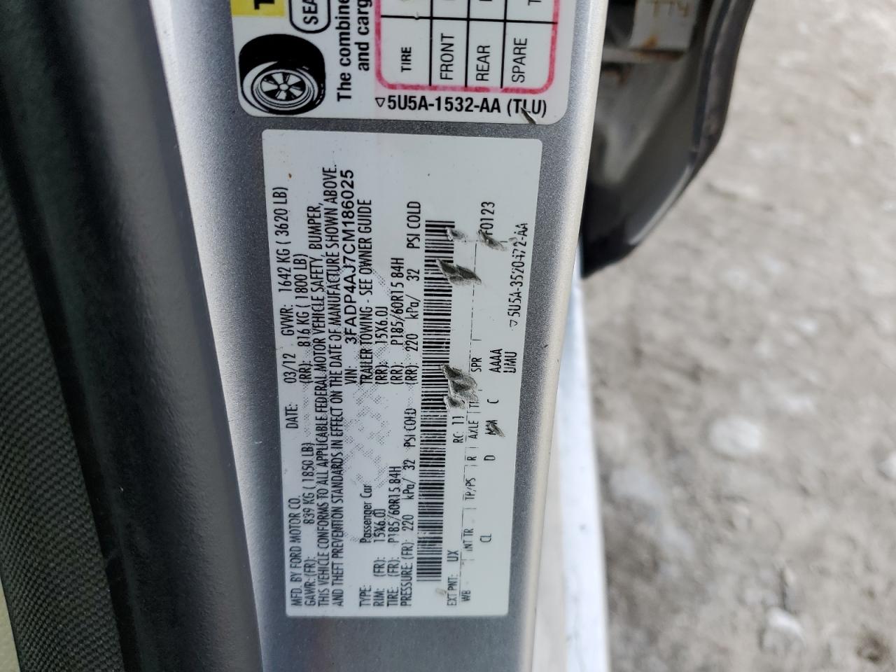 2012 Ford Fiesta S VIN: 3FADP4AJ7CM186025 Lot: 92545025