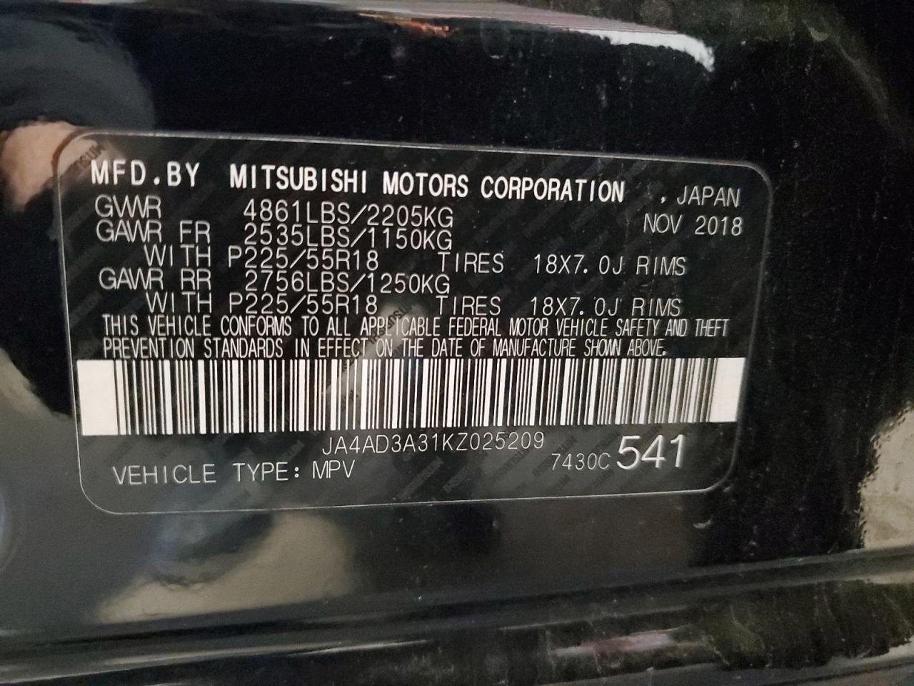2019 Mitsubishi Outlander Se VIN: JA4AD3A31KZ025209 Lot: 92800275