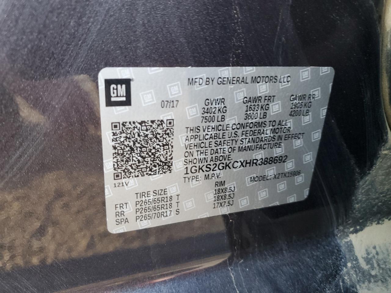 2017 GMC Yukon Xl K1500 Slt VIN: 1GKS2GKCXHR388692 Lot: 91257855